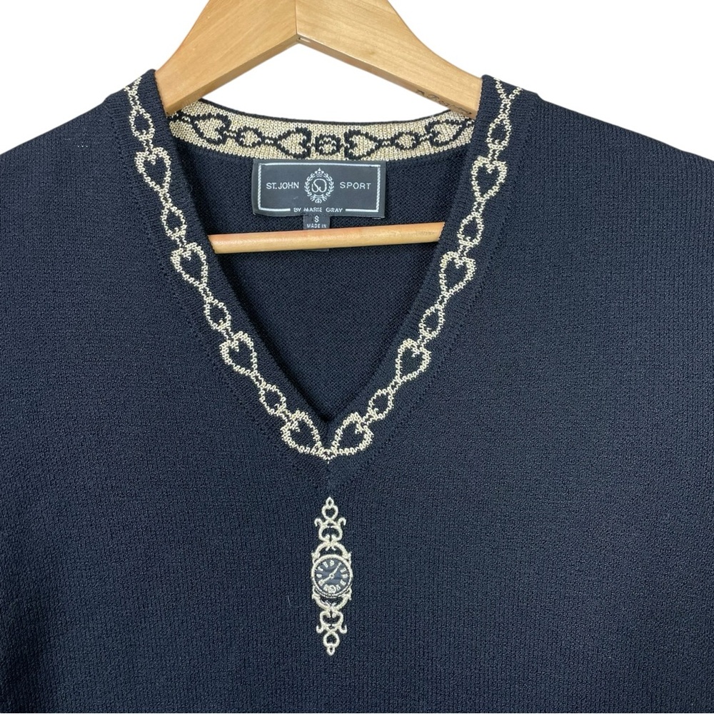 St John Sport By Marie Gray Women Sweater black V neck gold embroidered clock S - Picture 3 of 10
